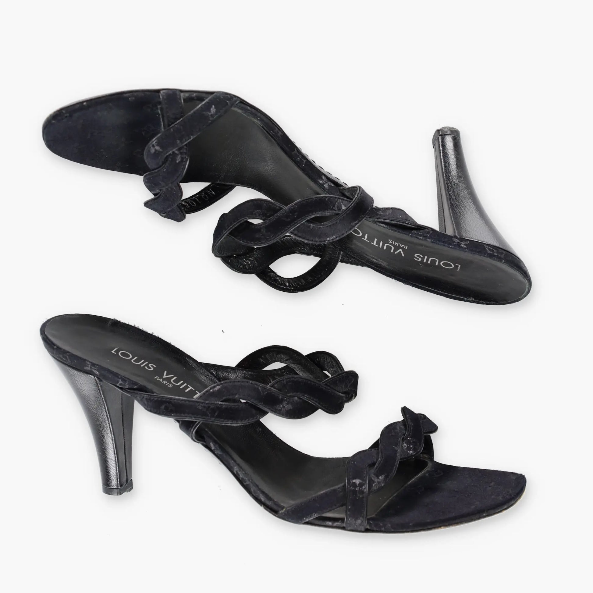 LOUIS VUITTON Braided Monogram Italy Made Black Heels (38.5) - Vintage Sole Melbourne