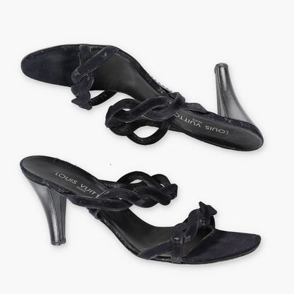 LOUIS VUITTON Braided Monogram Italy Made Black Heels (38.5) - Vintage Sole Melbourne