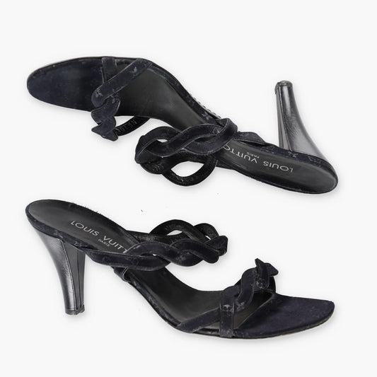 LOUIS VUITTON Braided Monogram Italy Made Black Heels (38.5) - Vintage Sole Melbourne
