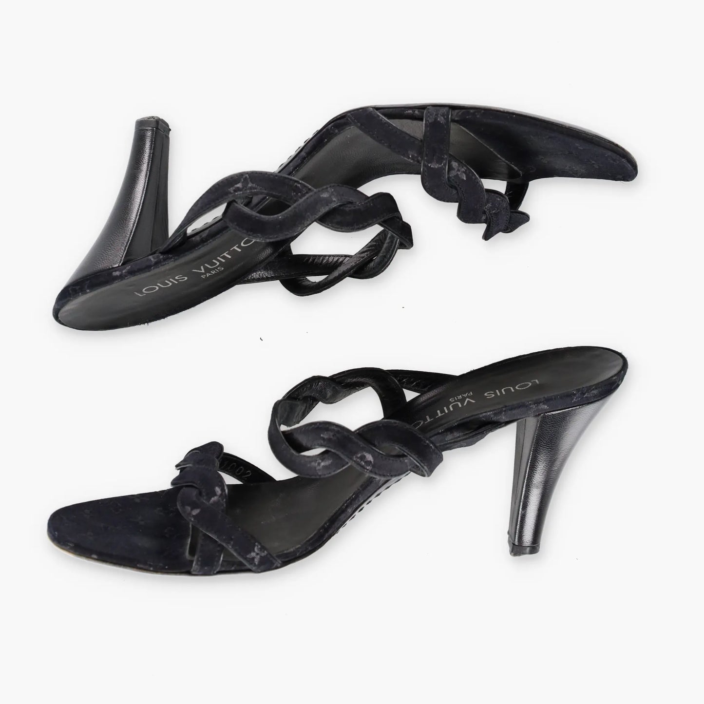 LOUIS VUITTON Braided Monogram Italy Made Black Heels (38.5) - Vintage Sole Melbourne