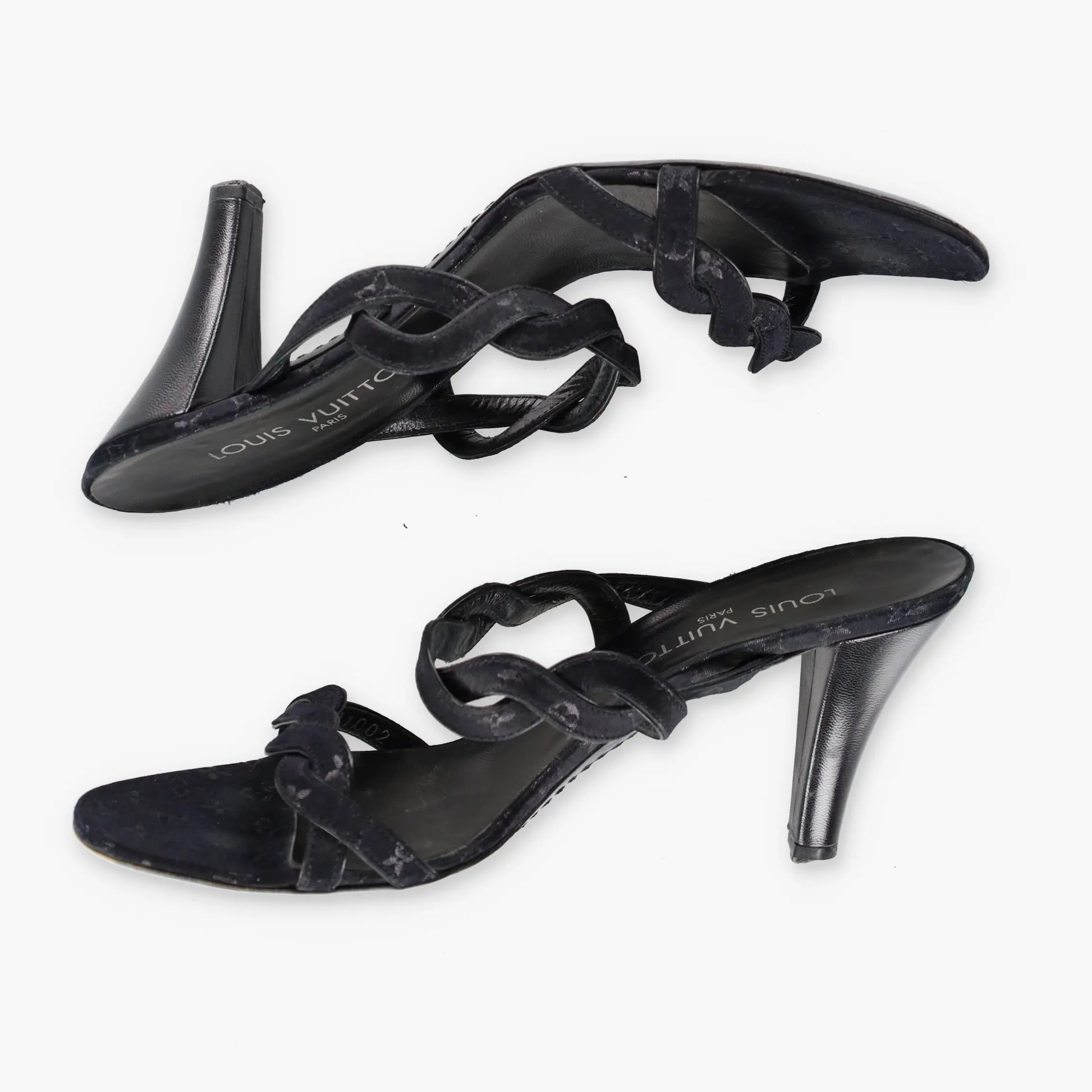 LOUIS VUITTON Braided Monogram Italy Made Black Heels (38.5) - Vintage Sole Melbourne