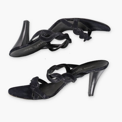 LOUIS VUITTON Braided Monogram Italy Made Black Heels (38.5) - Vintage Sole Melbourne