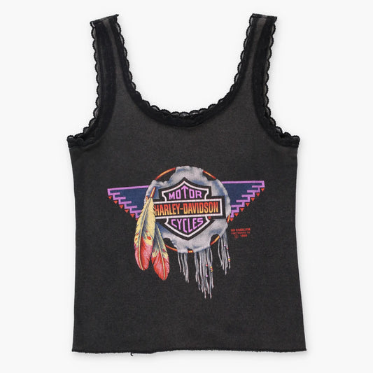Vintage 1990 HARLEY DAVIDSON 3D EMBLEM Lace Trim Tank Top (Women's XS-S)