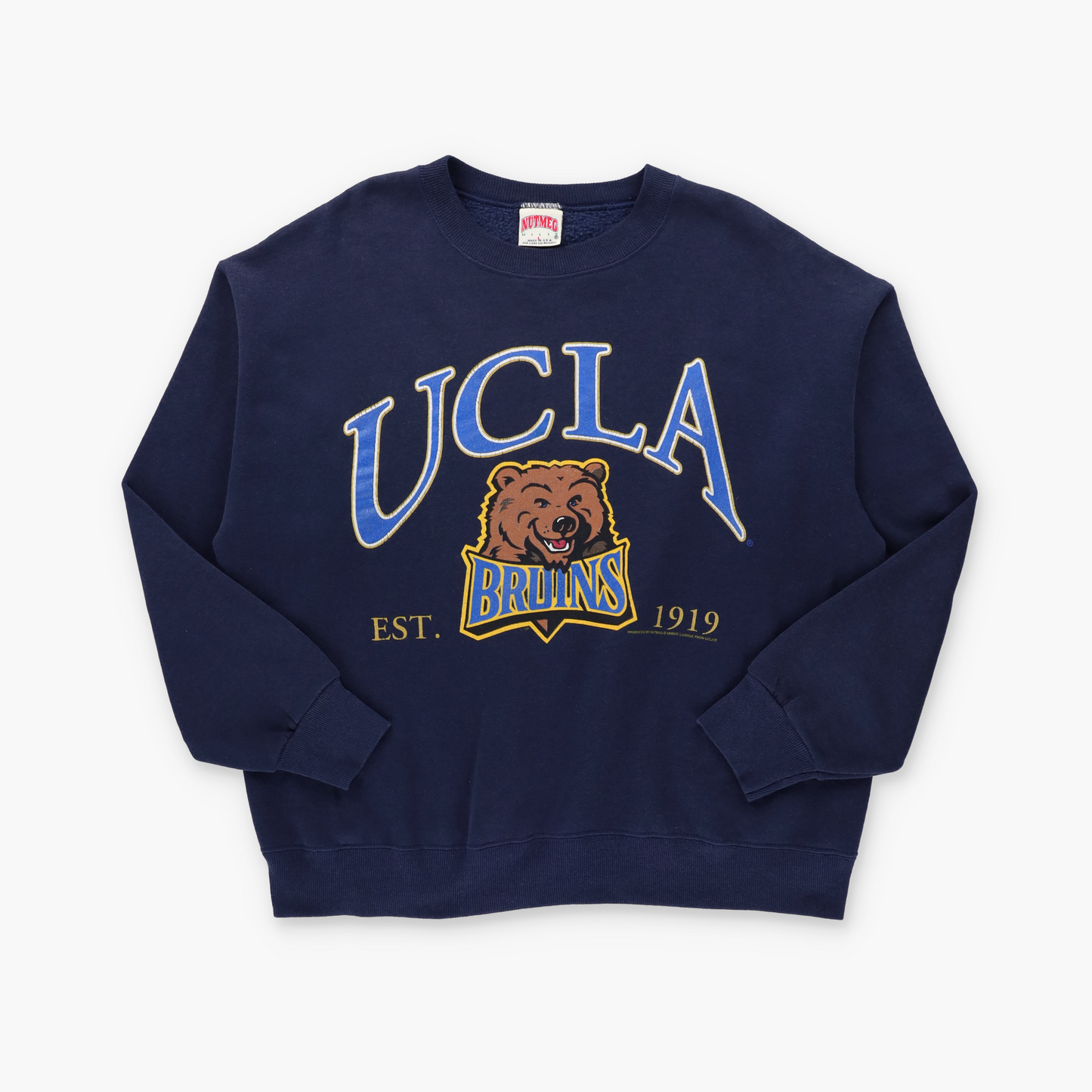 UCLA Bruins NUTMEG MILLS Gold Glitter & Navy Football Sweatshirt USA Made (L)