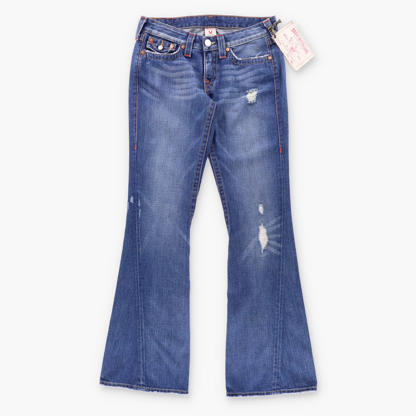 Vintage TRUE RELIGION 'Joey' Low Rise USA Made Distressed Bootcut Jeans With Original Tag (29) ***COCO Vintage Sole Melbourne