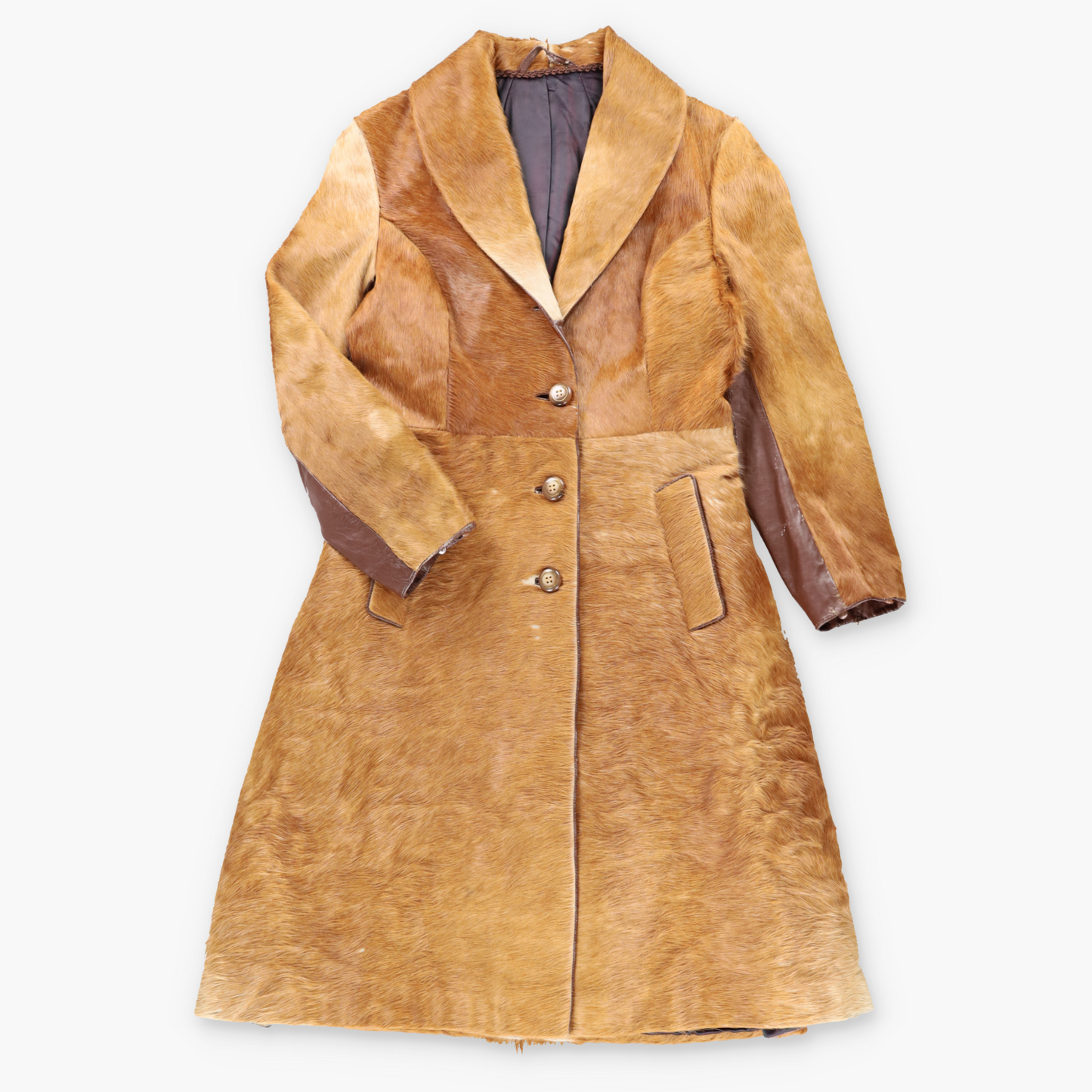 Vintage Light Brown Pony Hair Leather Side Pleat Long Coat (M) ***COCO Vintage Sole Melbourne