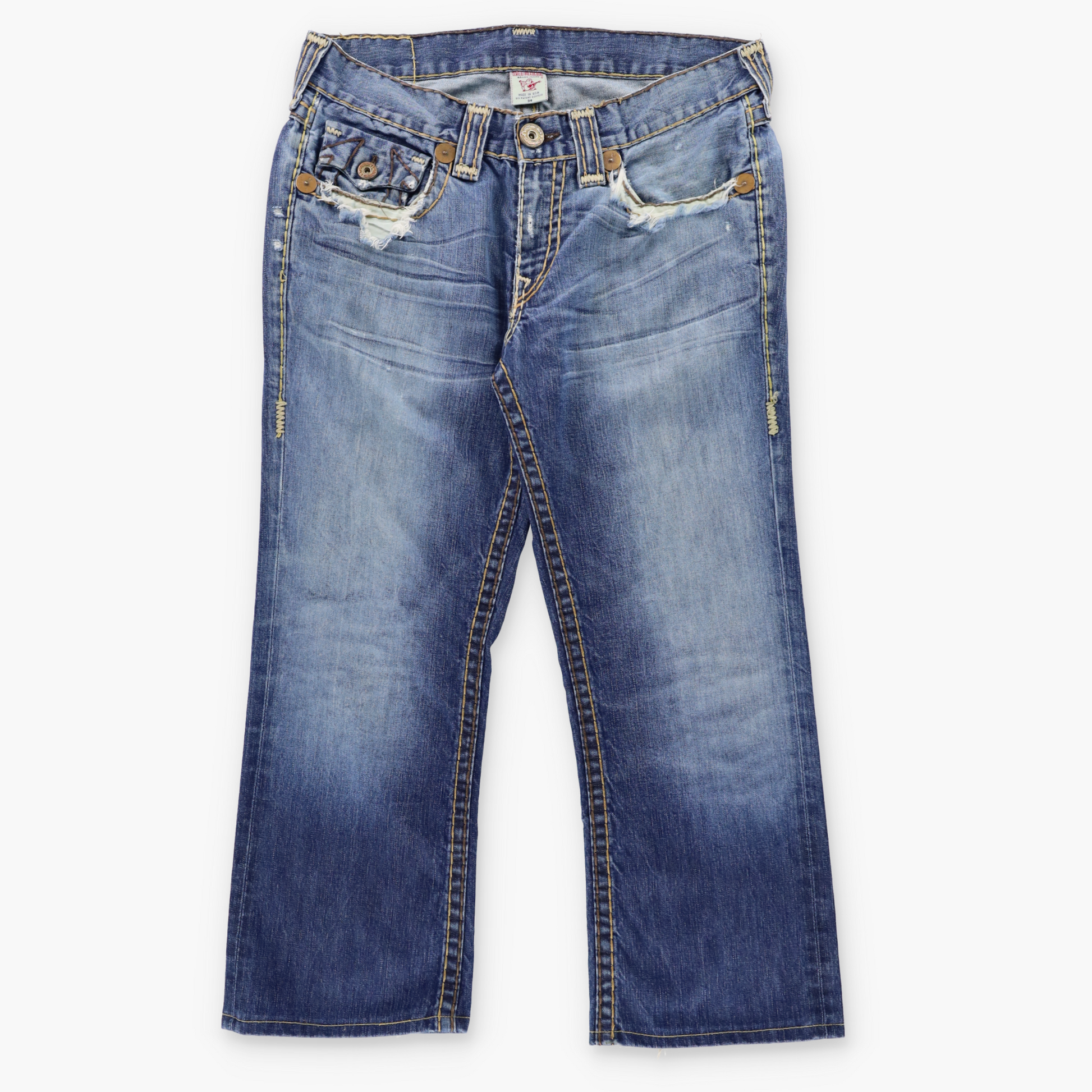 Vintage TRUE RELIGION 'Billy Super T' USA Made Blue Distressed Bootcut Jeans (34) ***COCO Vintage Sole Melbourne