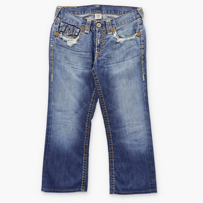 Vintage TRUE RELIGION 'Billy Super T' USA Made Blue Distressed Bootcut Jeans (34) ***COCO Vintage Sole Melbourne