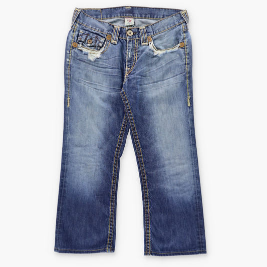 Vintage TRUE RELIGION 'Billy Super T' USA Made Blue Distressed Bootcut Jeans (34) ***COCO Vintage Sole Melbourne