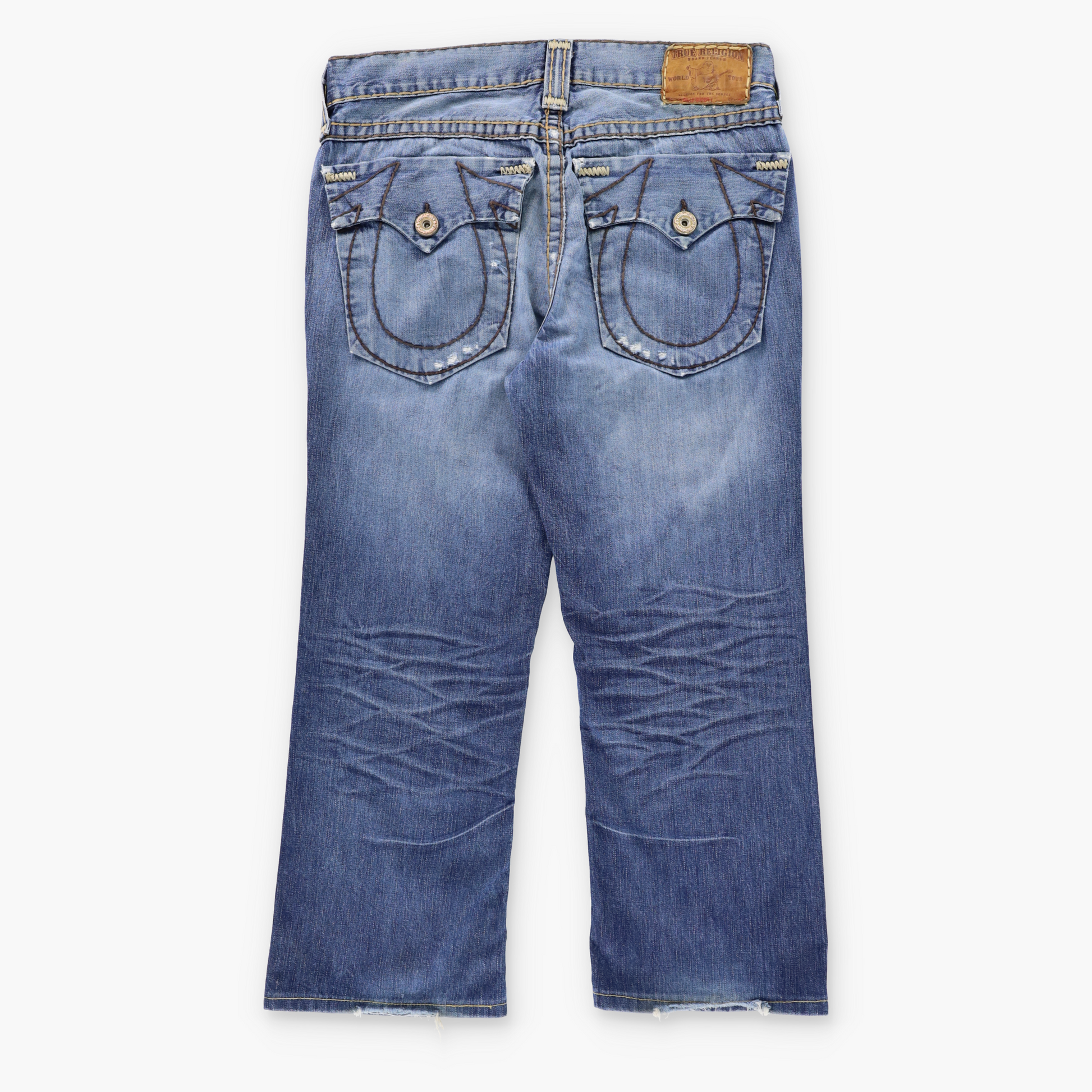 Vintage TRUE RELIGION 'Billy Super T' USA Made Blue Distressed Bootcut Jeans (34) ***COCO Vintage Sole Melbourne