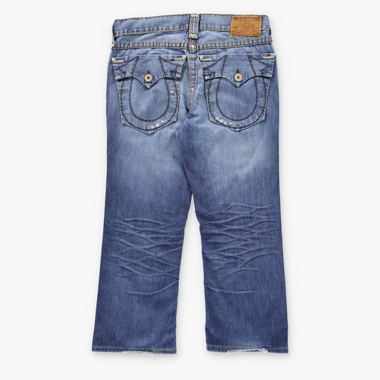 Vintage TRUE RELIGION 'Billy Super T' USA Made Blue Distressed Bootcut Jeans (34) ***COCO Vintage Sole Melbourne