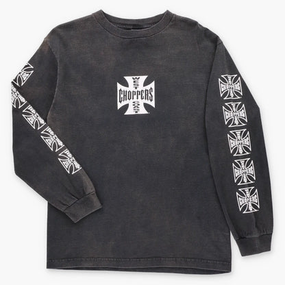 Vintage WEST COAST CHOPPERS Jesse Who? Logo Graphic Long Beach Faded Black Long Sleeve Tee (M) ***COCO Vintage Sole Melbourne