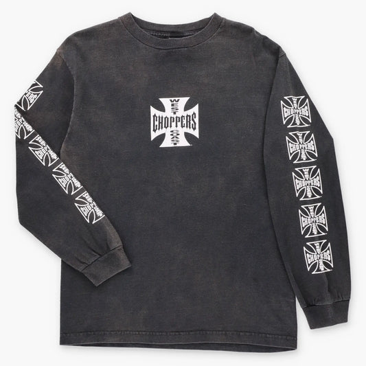 Vintage WEST COAST CHOPPERS Jesse Who? Logo Graphic Long Beach Faded Black Long Sleeve Tee (M) ***COCO Vintage Sole Melbourne