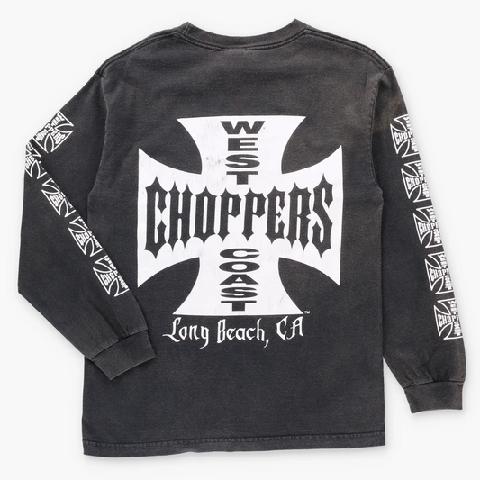 Vintage WEST COAST CHOPPERS Jesse Who? Logo Graphic Long Beach Faded Black Long Sleeve Tee (M) ***COCO Vintage Sole Melbourne