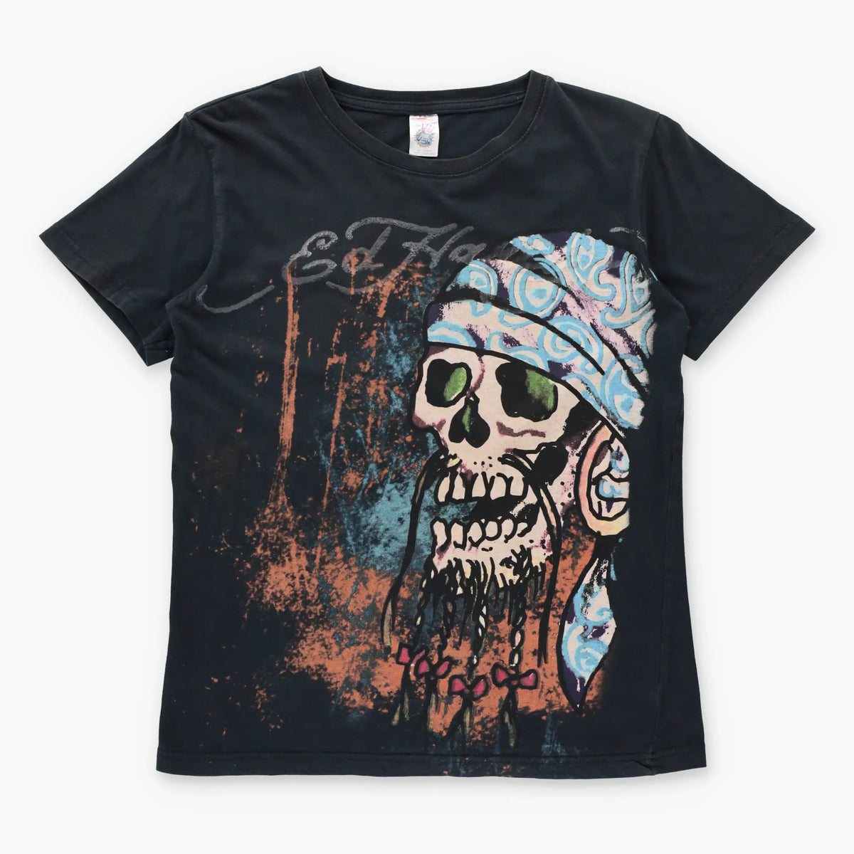 Vintage ED HARDY X CHRISTIAN AUDIGIER Pirate Skull Black Double Sided Y2K Tee (XS-S) ***COCO Vintage Sole Melbourne