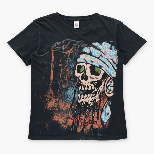 Vintage ED HARDY X CHRISTIAN AUDIGIER Pirate Skull Black Double Sided Y2K Tee (XS-S) ***COCO Vintage Sole Melbourne