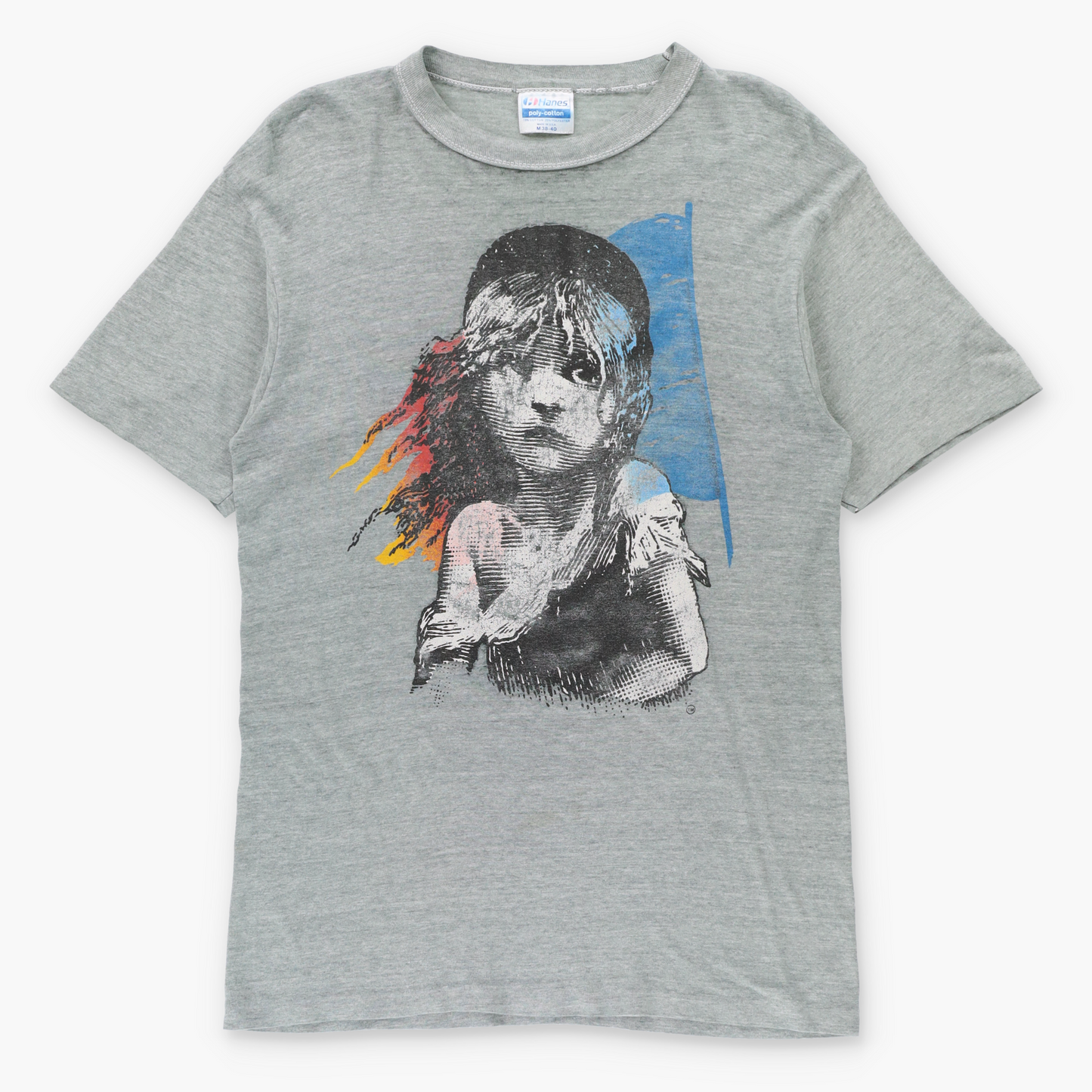 Vintage 1986 LES MISERABLES Cosette French Flag Illustration USA Made Single Stitch Grey Musical Tee (S TALL) ***COCO Vintage Sole Melbourne