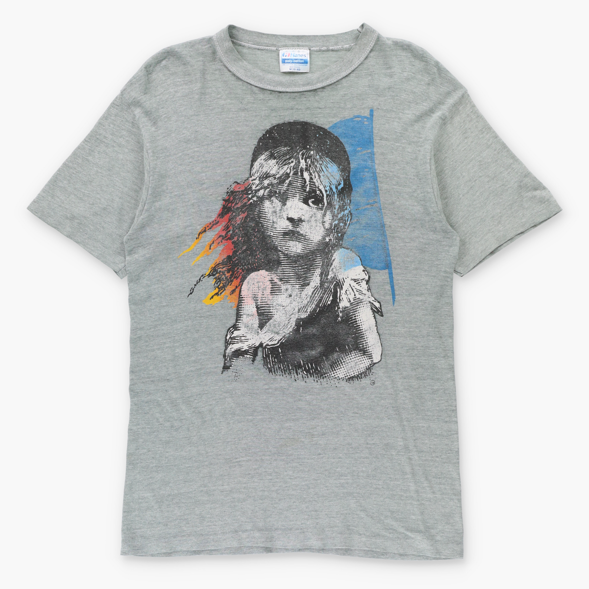 Vintage 1986 LES MISERABLES Cosette French Flag Illustration USA Made Single Stitch Grey Musical Tee (S TALL) ***COCO Vintage Sole Melbourne