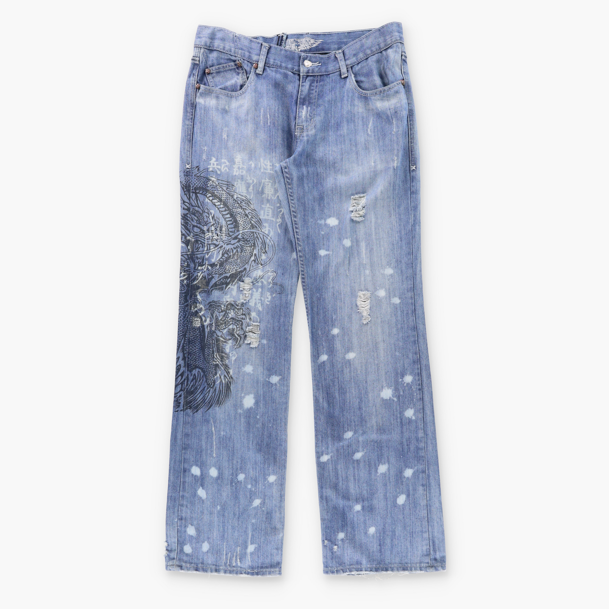 AFFLICTION 'Denim Killers' Vintage Y2K Japanese Dragon USA Made Distressed Blue Jeans (34x34) ***COCO Vintage Sole Melbourne