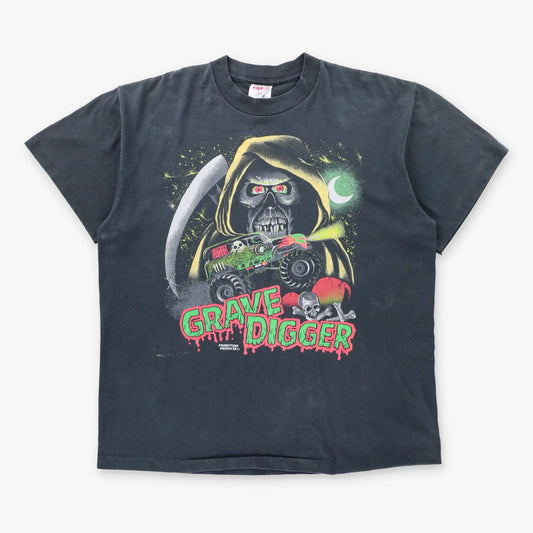 Vintage 90s Grave Digger Monster Truck & Grim Reaper USA Made Faded Black Single Stitch Tee (XL) ***COCO Vintage Sole Melbourne