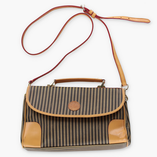 FENDI Italian Made Vintage Brown Striped Leather Crossbody Satchel