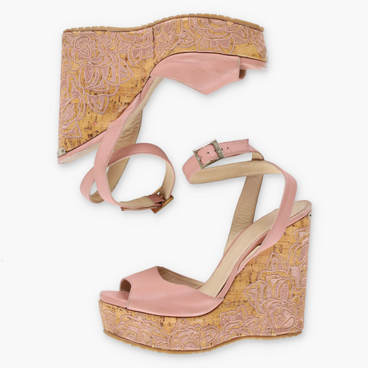 JIMMY CHOO Blush Pink Floral Design Embroidered Cork Wedge Sandals Spanish Made (38.5)