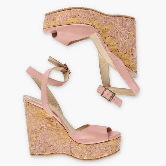 JIMMY CHOO Blush Pink Floral Design Embroidered Cork Wedge Sandals Spanish Made (38.5)