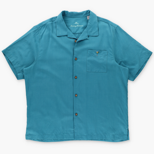 TOMMY BAHAMA 'Marlin Bar' Cocktail Recipes Embroidered Turquoise Silk Shirt (XL)