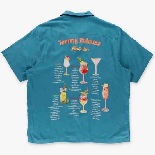 TOMMY BAHAMA 'Marlin Bar' Cocktail Recipes Embroidered Turquoise Silk Shirt (XL)