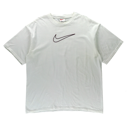 NIKE Red & Navy Big Centre Swoosh Outline White T-Shirt (L)