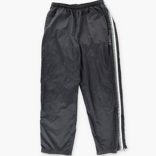 NIKE Embroidered Spell-Out Logo Green & White Stripe Black Track Pants (L-XL)