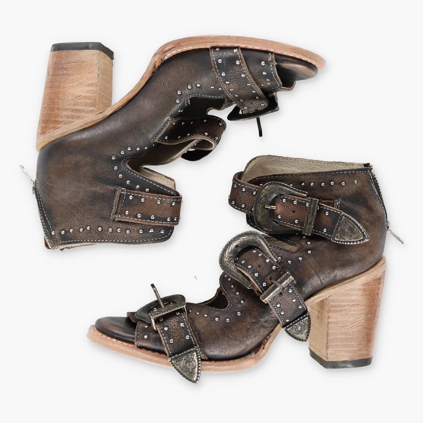 FREEBIRD 'Violet' Studded Buckle Brown Leather Sandals (8) - Vintage Sole Melbourne