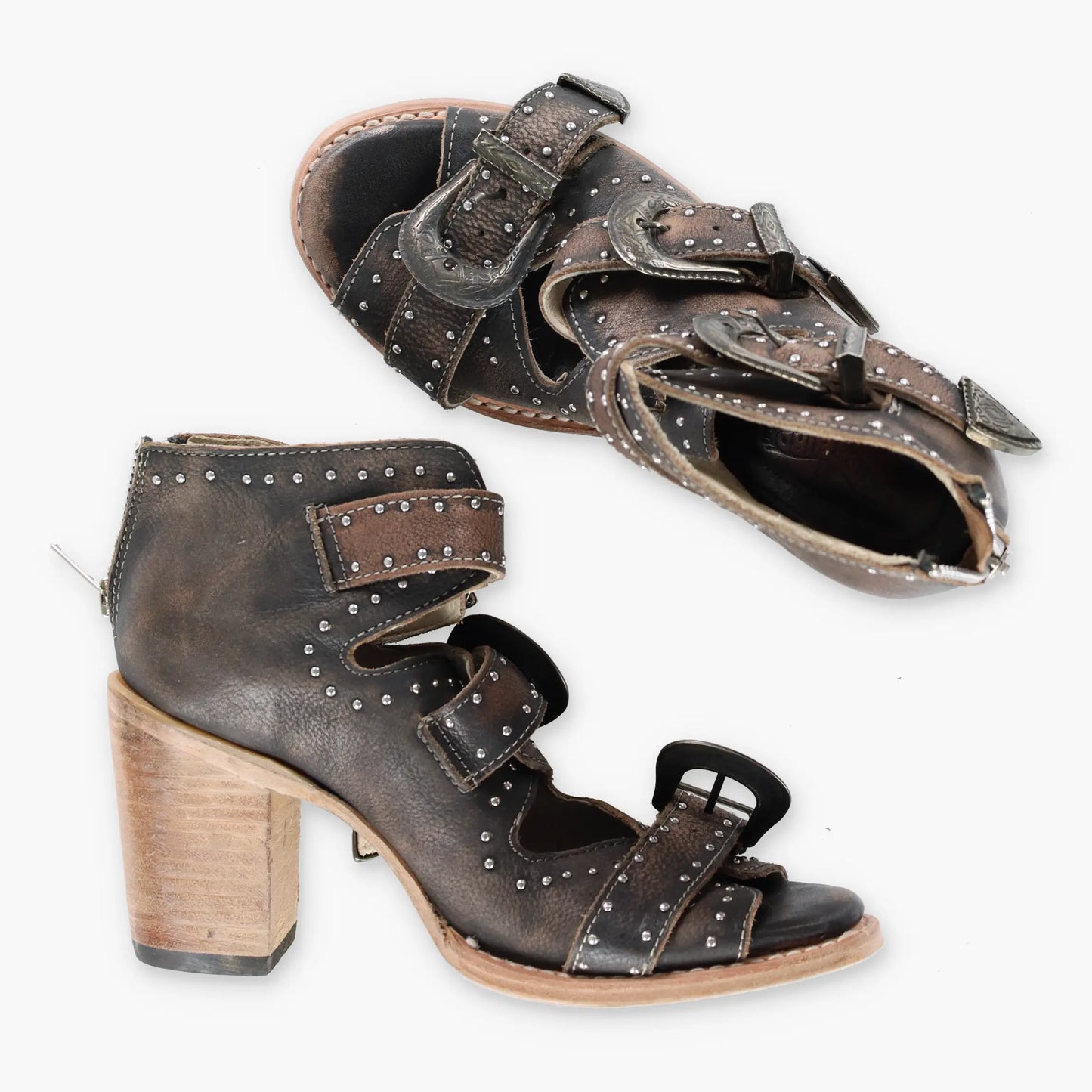 FREEBIRD 'Violet' Studded Buckle Brown Leather Sandals (8) - Vintage Sole Melbourne