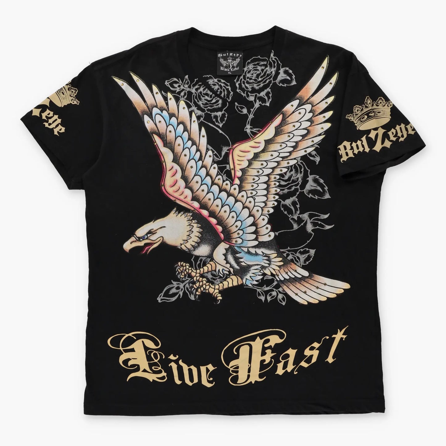Rhinestone Eagle Y2K Style "Live Fast" BULLZEYE Black USA Made V-Neck Tee (L-XL)