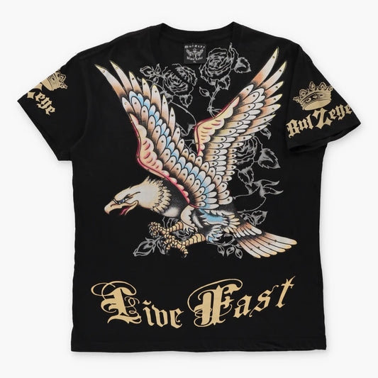 Rhinestone Eagle Y2K Style "Live Fast" BULLZEYE Black USA Made V-Neck Tee (L-XL)