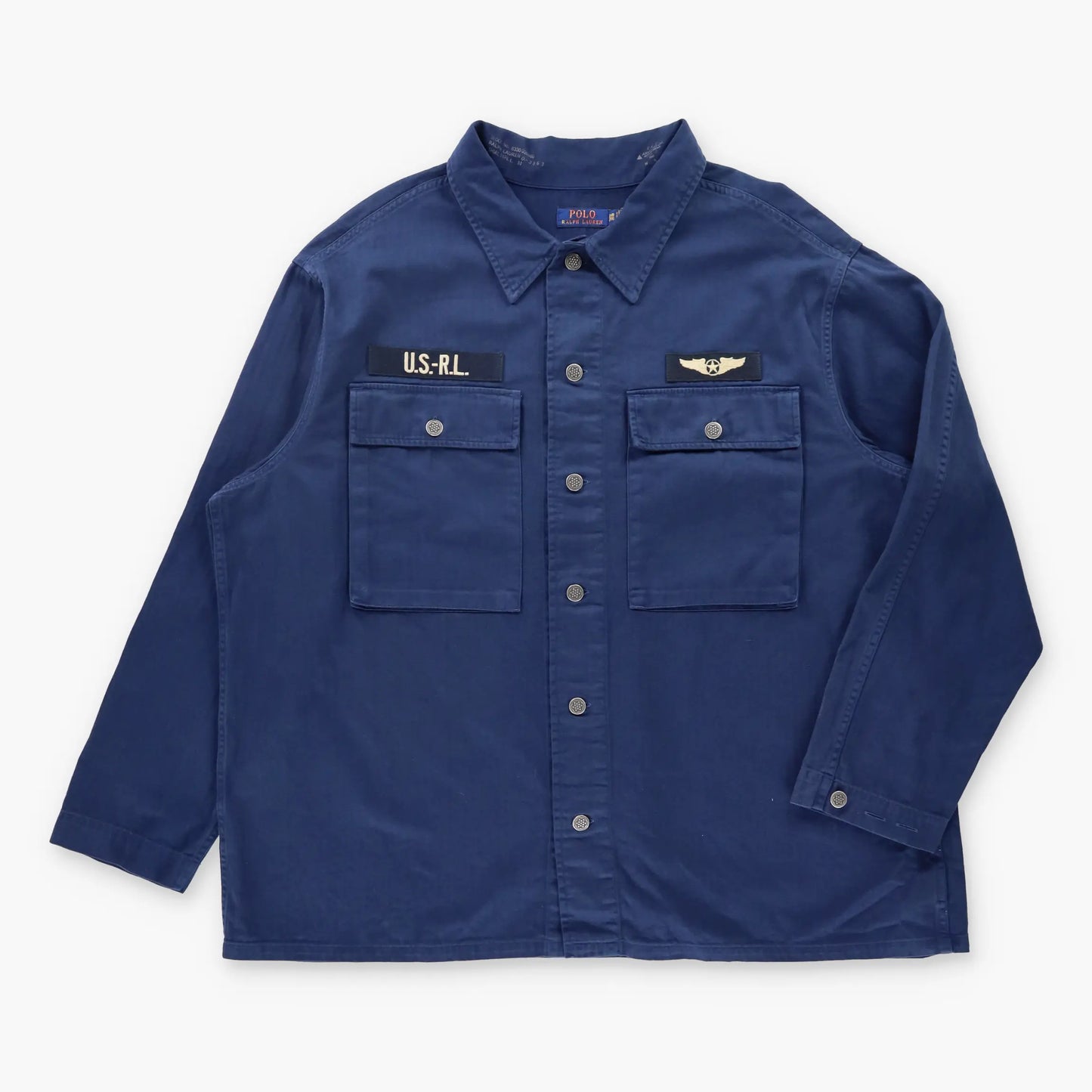 RALPH LAUREN POLO Military Airforce Embroidered Patch Navy Herringbone Button Up Shirt (XXXL)