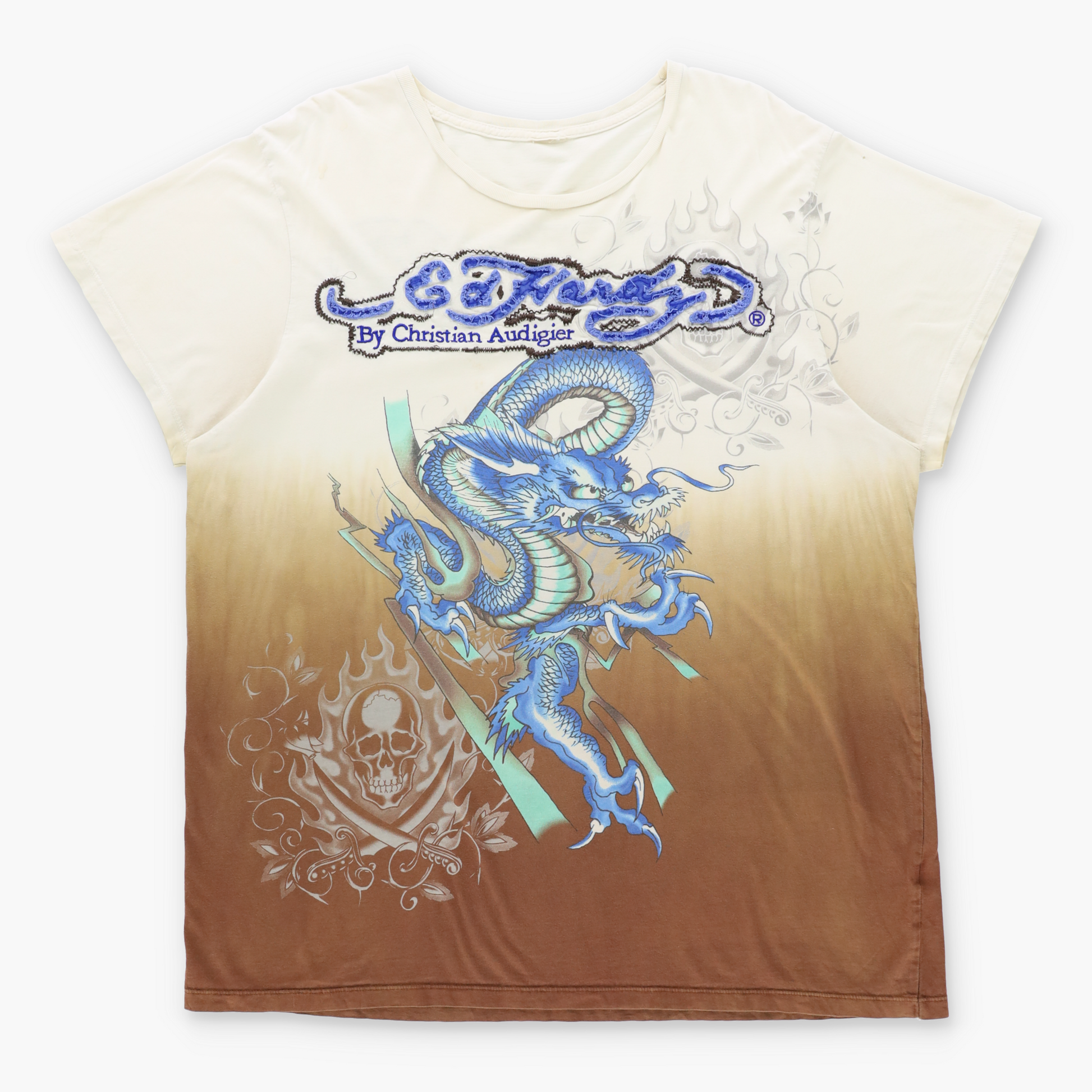 Vintage ED HARDY X CHRISTIAN AUDIGIER Dragon & Spell Out Logo Patch Y2K Style Ombre Tee (XL) Vintage Sole Melbourne
