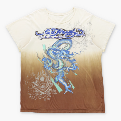 Vintage ED HARDY X CHRISTIAN AUDIGIER Dragon & Spell Out Logo Patch Y2K Style Ombre Tee (XL) Vintage Sole Melbourne