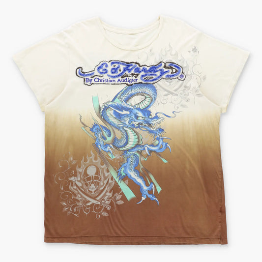 Vintage ED HARDY X CHRISTIAN AUDIGIER Dragon & Spell Out Logo Patch Y2K Style Ombre Tee (XL)