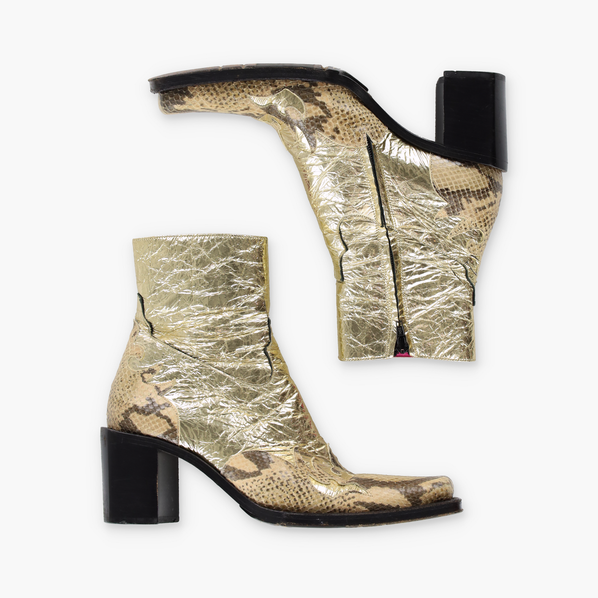 FREE LANCE Gold Foil & Embossed Snake Print Leather Block Heel Cowgirl Boots France Made (38.5) Vintage Sole Melbourne