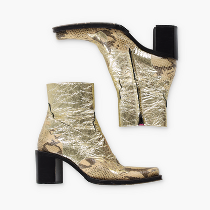 FREE LANCE Gold Foil & Embossed Snake Print Leather Block Heel Cowgirl Boots France Made (38.5) Vintage Sole Melbourne