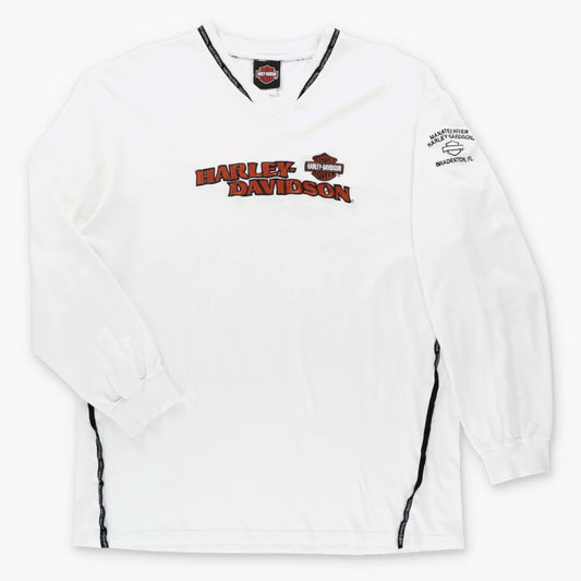 HARLEY DAVIDSON Embroidered Spell Out Logo White V-Neck Long Sleeve T-Shirt (XL TALL)