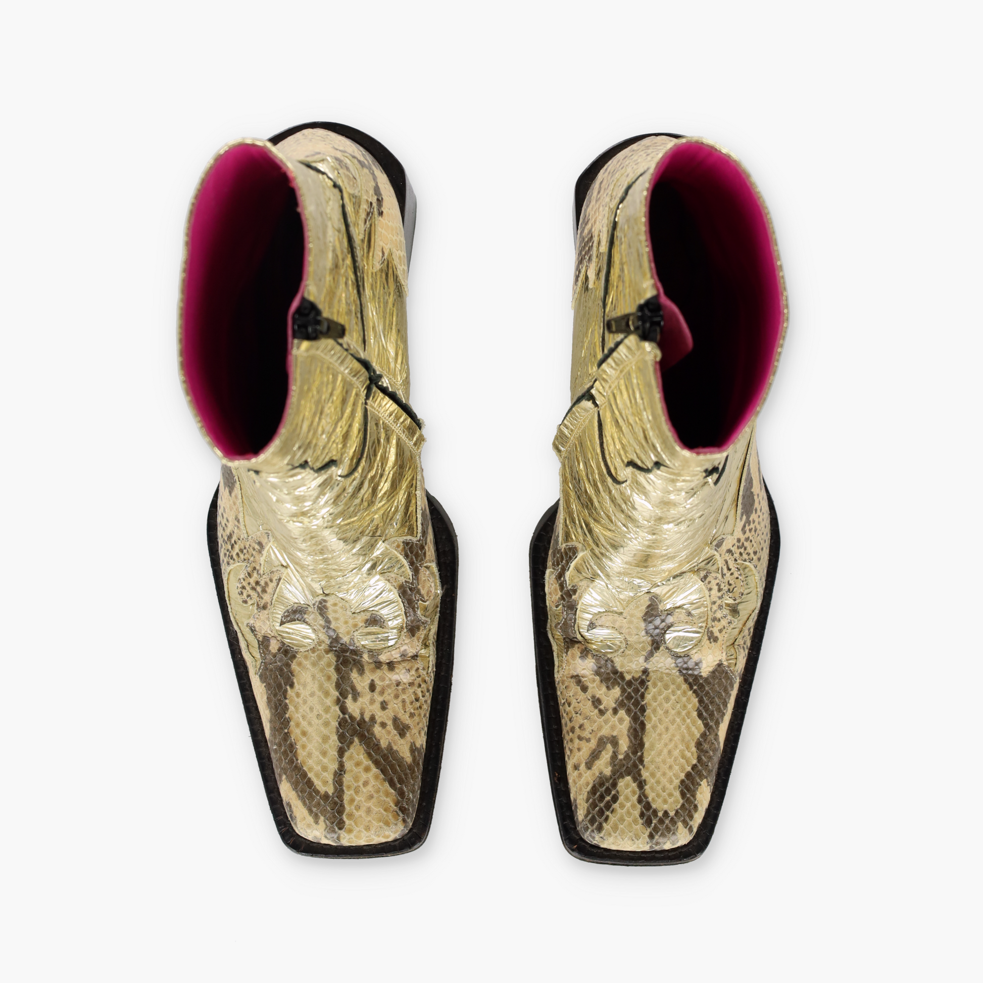 FREE LANCE Gold Foil & Embossed Snake Print Leather Block Heel Cowgirl Boots France Made (38.5) Vintage Sole Melbourne