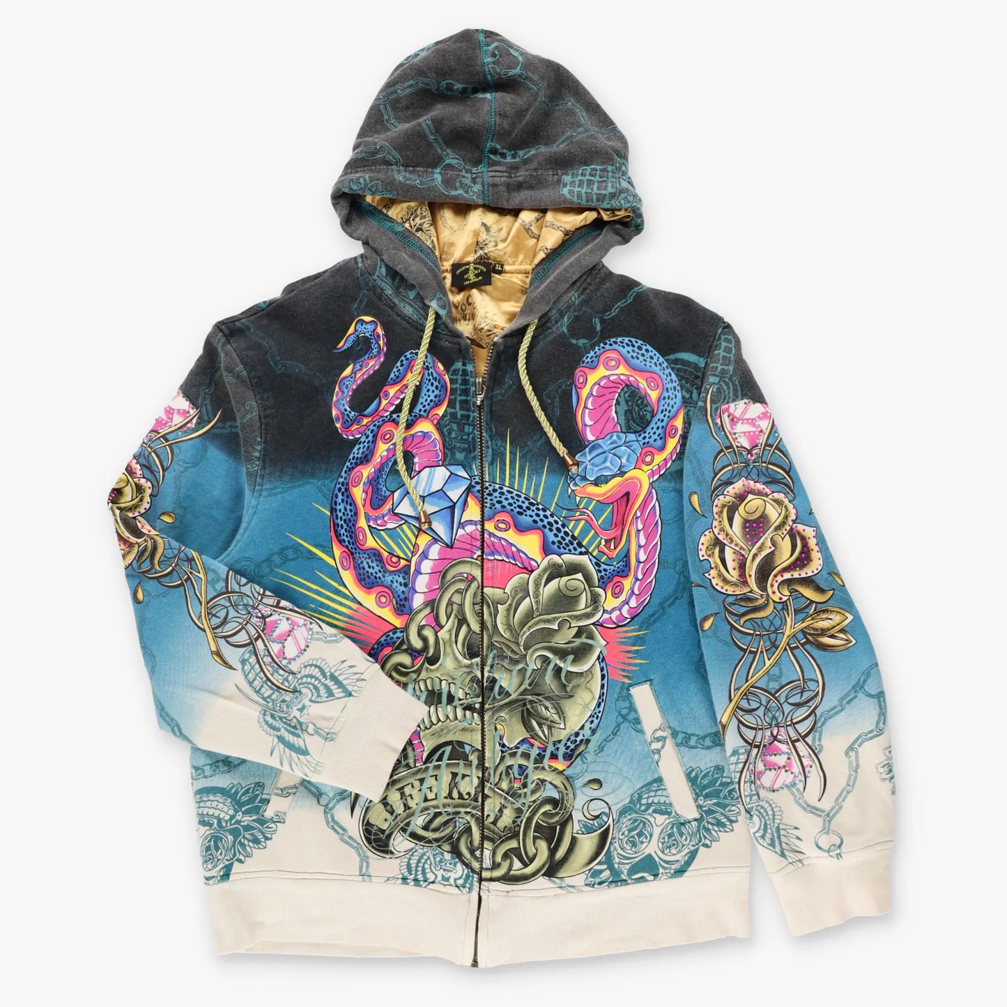 Vintage CHRISTIAN AUDIGIER Snakes & Skulls Rhinestone Embellished Y2K Hoodie Sweatshirt (M-L)