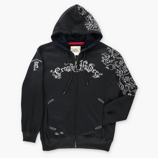 CROWN HOLDER Key Charm & Embellished Silver Embroidery Y2K Style Hoodie Sweatshirt (M)