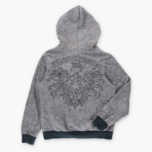 MANCHESTER ESCAPES Reversible Y2K Style "Manchester Blk" Velvet Detailing Thermal Hoodie Sweatshirt (S-M)