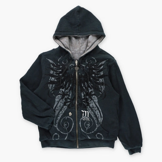 MANCHESTER ESCAPES Reversible Y2K Style "Manchester Blk" Velvet Detailing Thermal Hoodie Sweatshirt (S-M)