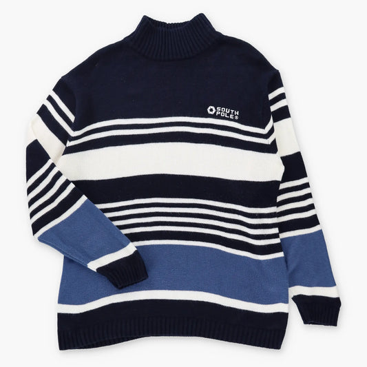 Vintage SOUTHPOLE Embroidered Logo Blue & White Stripe Long Knit Sweater (XL TALL)