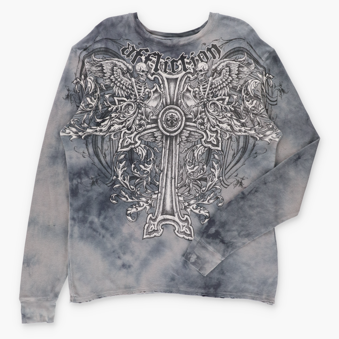Vintage AFFLICTION Angel Skeletons & Cross Y2K Distressed Long Sleeve Waffle Thermal Tee (XL) Vintage Sole Melbourne