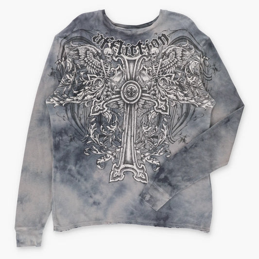 Vintage AFFLICTION Angel Skeletons & Cross Y2K Distressed Long Sleeve Waffle Thermal Tee (XL)